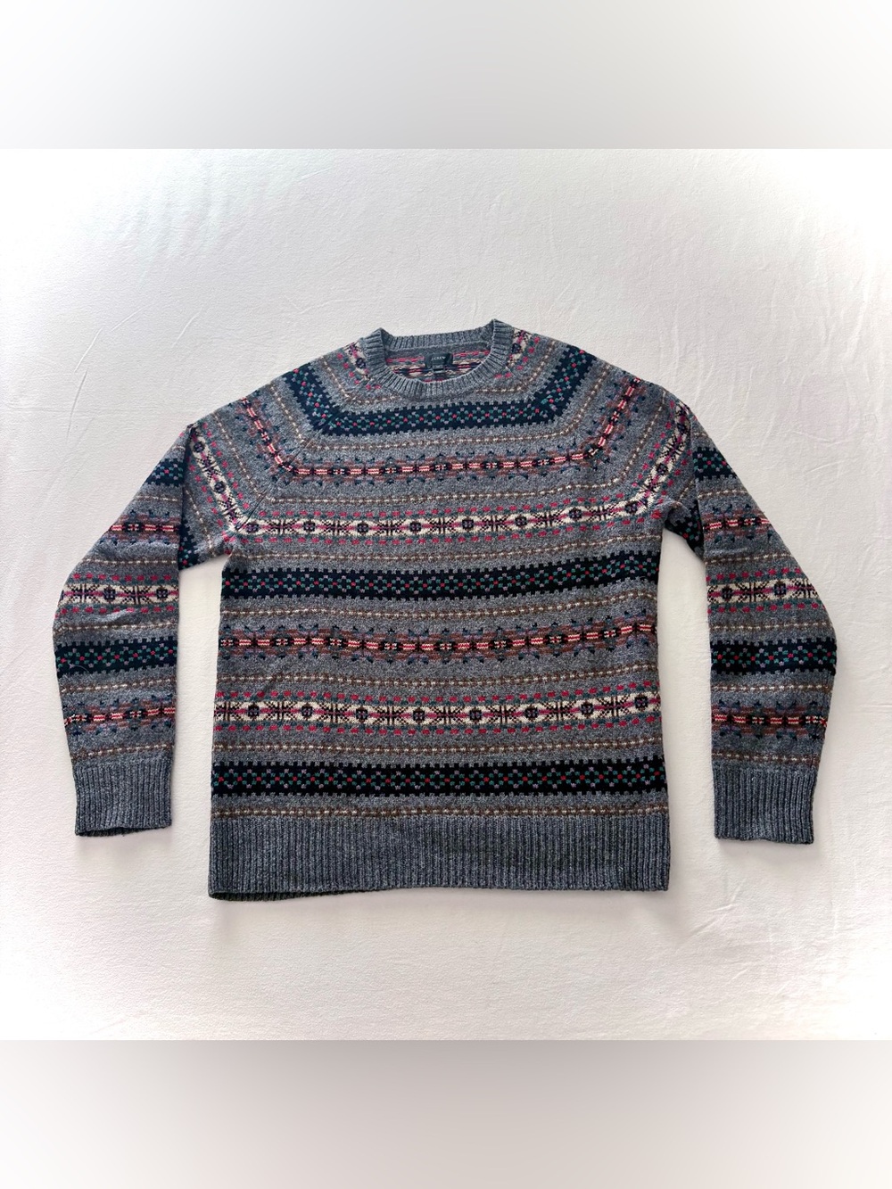 J.Crew Men's 100% Lambswool Fair Isle Crewneck Sweater Size M Gray Multicolor